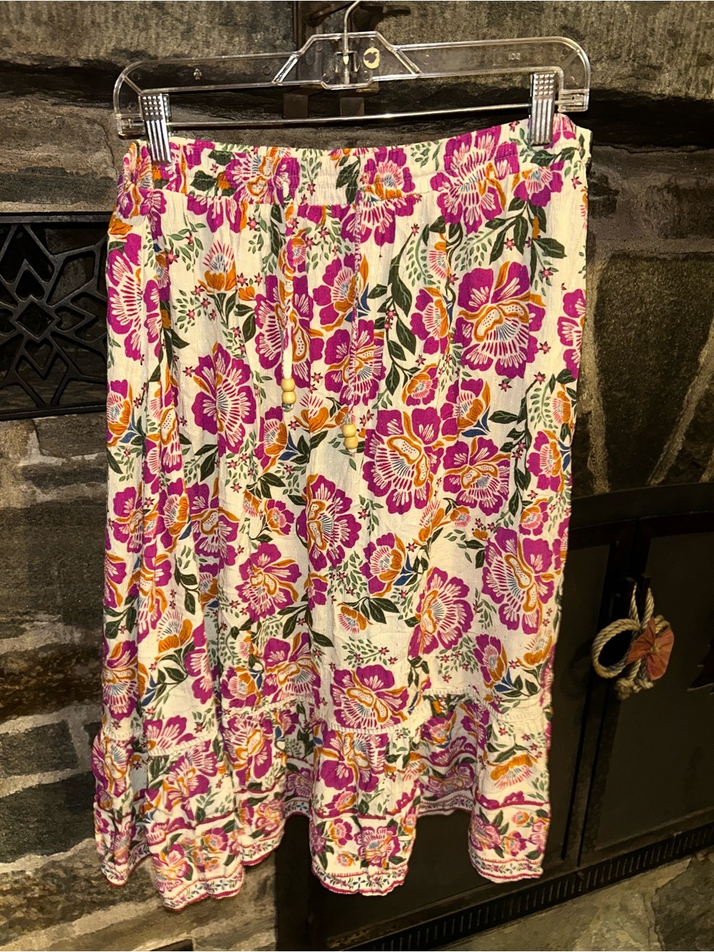 Cream Midi Skirt with Pink & Orange Floral Print